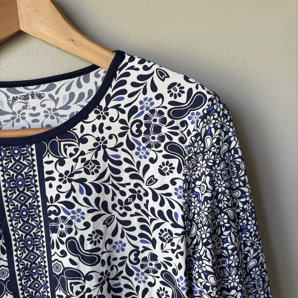 Lands End batik Rash Guard UPF Swim Shirt Long Sleeve Blue Bombay Size M 10-12